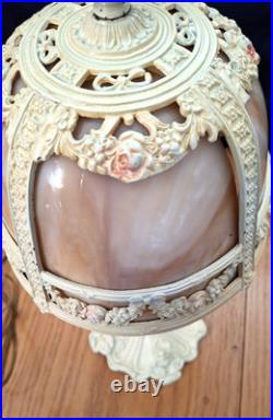 Antique E. Miller Bent 4 Panel Slag Glass Table Lamp Floral Iron Work 23 inch Antique E. Miller Bent 4 Panel Slag Glass Table Lamp Floral Iron Work 23 inch