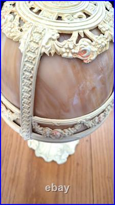 Antique E. Miller Bent 4 Panel Slag Glass Table Lamp Floral Iron Work 23 inch
