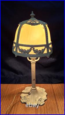 Antique E. Miller Bent 4 Panel Slag Glass Table Lamp Floral Iron Work 23 inch