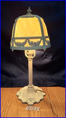 Antique E. Miller Bent 4 Panel Slag Glass Table Lamp Floral Iron Work 23 inch