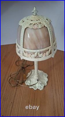 Antique E. Miller Bent 4 Panel Slag Glass Table Lamp Floral Iron Work 23 inch Antique E. Miller Bent 4 Panel Slag Glass Table Lamp Floral Iron Work 23 inch
