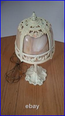Antique E. Miller Bent 4 Panel Slag Glass Table Lamp Floral Iron Work 23 inch