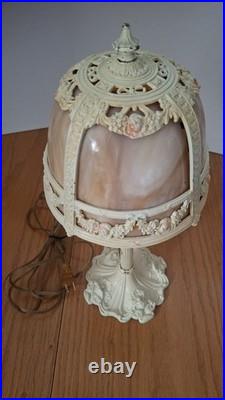 Antique E. Miller Bent 4 Panel Slag Glass Table Lamp Floral Iron Work 23 inch
