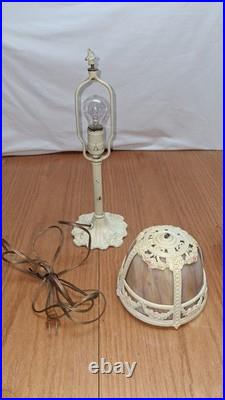 Antique E. Miller Bent 4 Panel Slag Glass Table Lamp Floral Iron Work 23 inch