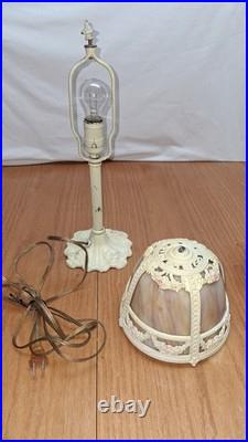 Antique E. Miller Bent 4 Panel Slag Glass Table Lamp Floral Iron Work 23 inch
