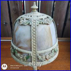 Antique E. Miller No 831 Bent 4 panel slag glass lamp Orig paint floral swag