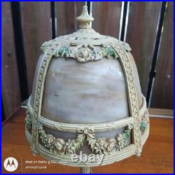 Antique E. Miller No 831 Bent 4 panel slag glass lamp Orig paint floral swag
