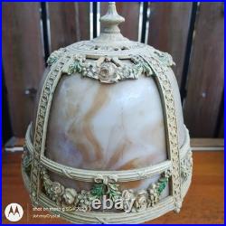Antique E. Miller No 831 Bent 4 panel slag glass lamp Orig paint floral swag