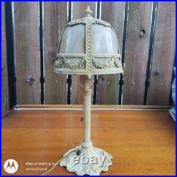 Antique E. Miller No 831 Bent 4 panel slag glass lamp Orig paint floral swag