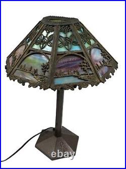 Antique Early 1900's Bradley & Hubbard Scene Slag Lamp With Original Signed Base