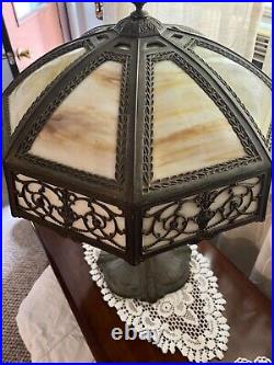 Antique Early 1900s Arts & Crafts Bronze & Slag Glass Table Lamp 25 x 18