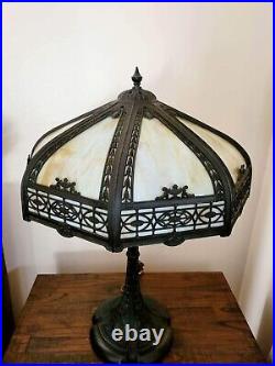 Antique Early 1900s Arts & Crafts Bronze & Slag Glass Table Lamp 25 x 18