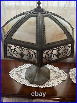 Antique Early 1900s Arts & Crafts Bronze & Slag Glass Table Lamp 25 x 18