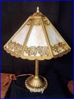 Antique Early 1900s Honey Swirl Slag Glass & Heavy Brass Victorian Table Lamp