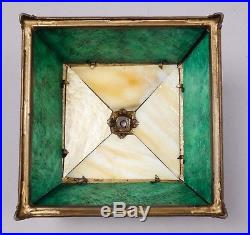 Antique Early 20c Green Slag Glass Urn Motif Filigree Table Boudoir Lamp