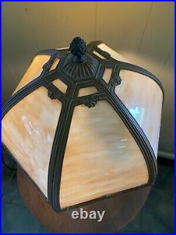 Antique Edward Miller 6 Panel Caramel Slag Glass Lamp C. 1910 B&H Handel Era NICE