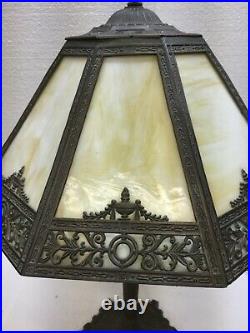 Antique Edward Miller Slag Glass Lamp 16 Panels Neoclassical Caramel Apple Green