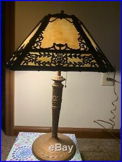 Antique Edward Miller Slag Stained Glass Lamp Lyre Shade 1910-20s
