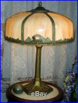 Antique Egyptian Motif Slag Glass 8 Panel Electric Table Lamp