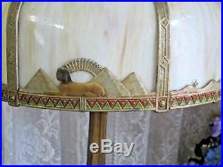 Antique Egyptian Motif Slag Glass 8 Panel Electric Table Lamp