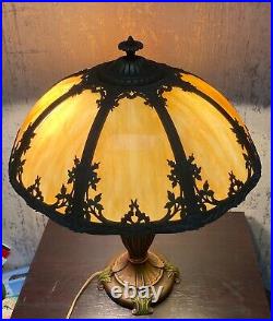 Antique Eight Panel Slag Glass Table Lamp 23 Tall