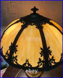 Antique Eight Panel Slag Glass Table Lamp 23 Tall