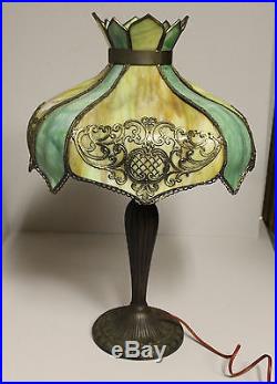 Antique Electric Panel Lamp with Bent Slag Glass Inserts