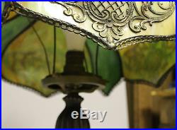 Antique Electric Panel Lamp with Bent Slag Glass Inserts