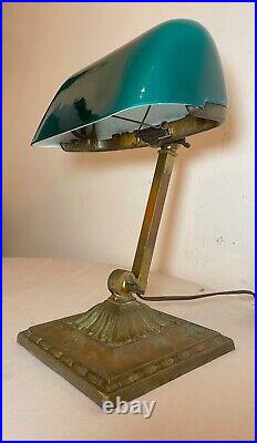 Antique Emeralite bronze green slag glass adjustable bankers table desk lamp
