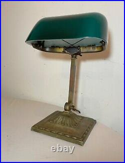 Antique Emeralite bronze green slag glass adjustable bankers table desk lamp