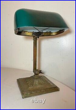 Antique Emeralite bronze green slag glass adjustable bankers table desk lamp