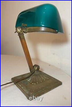 Antique Emeralite bronze green slag glass adjustable bankers table desk lamp