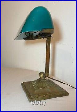 Antique Emeralite bronze green slag glass adjustable bankers table desk lamp
