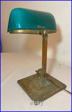 Antique Emeralite bronze green slag glass adjustable bankers table desk lamp