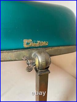 Antique Emeralite bronze green slag glass adjustable bankers table desk lamp