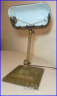 Antique Emeralite bronze green slag glass adjustable bankers table desk lamp