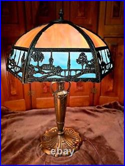Antique Empire Scenic Design Slag Glass Table Lamp