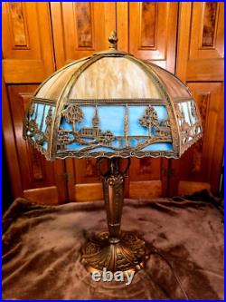 Antique Empire Scenic Design Slag Glass Table Lamp