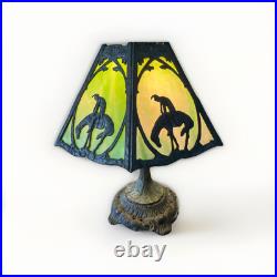 Antique End Of Trail 6 Panel Slag Glass Table Lamp 1920's 18