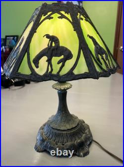 Antique End Of Trail 6 Panel Slag Glass Table Lamp 1920's 18