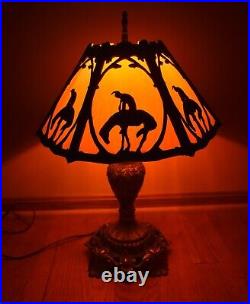 Antique End Of Trail 6 Panel Slag Glass Table Lamp Circa 1920's 18