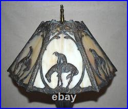 Antique End Of Trail 6 Panel Slag Glass Table Lamp Circa 1920's 18