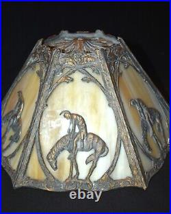 Antique End Of Trail 6 Panel Slag Glass Table Lamp Circa 1920's 18