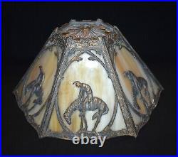 Antique End Of Trail 6 Panel Slag Glass Table Lamp Circa 1920's 18