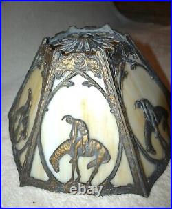 Antique End Of Trail 6 Panel Slag Glass Table Lamp Circa 1920's 18