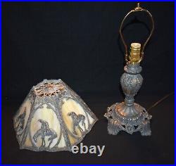 Antique End Of Trail 6 Panel Slag Glass Table Lamp Circa 1920's 18