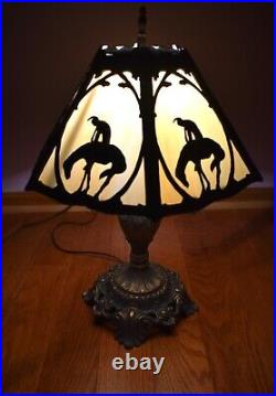 Antique End Of Trail 6 Panel Slag Glass Table Lamp Circa 1920's 18