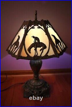 Antique End Of Trail 6 Panel Slag Glass Table Lamp Circa 1920's 18