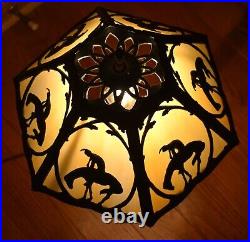 Antique End Of Trail 6 Panel Slag Glass Table Lamp Circa 1920's 18