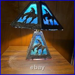 Antique End of Trail Native American Indian Slag Glass Lamp Dual Light